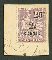 ZANZIBAR : 25c Et 2 1/2 Sur 3a (n°65) Obl. Sur Fragment. Cote 2600€. Signé SCHELLER. Trés RARE. Tirage 50. Superbe. - Autres & Non Classés