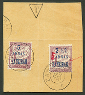 ZANZIBAR : ERREUR Corrigée à La Plume. 5 En Rouge Sur 2 1/2a Sur 50c (n°5b) + N°5 Obl. Sur Fragment. Trés Rare. Cote 5 5 - Other & Unclassified