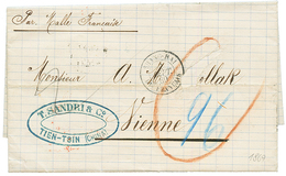 "TIENTSIN - PRECURSOR" : 1869 French Cachet SHANGHAI Bau FRANCAIS + Tax Marking On Entire Letter (fault) From TIEN-TSIN  - Autres & Non Classés