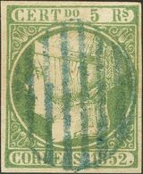 º15. 1852. 5 Reales Verde. Matasello PARRILLA, En Azul. MAGNIFICO. Edifil 2014: 165 Euros - Otros & Sin Clasificación