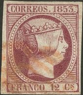 º18. 1853. 12 Cuartos Violeta. Matasello PARRILLA, En Rojo. MAGNIFICO Y RARO. Cert. EXFIMA. Edifil 2014: 665 Euros - Autres & Non Classés