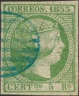 º20. 1853. 5 Reales Verde. Matasello PARRILLA, En Azul. MAGNIFICO. Edifil 2014: 640 Euros - Otros & Sin Clasificación