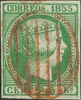 º20. 1853. 5 Reales Verde. Matasello PARRILLA, En Rojo. MAGNIFICO Y RARISIMO. Edifil 2014: 690 Euros - Otros & Sin Clasificación