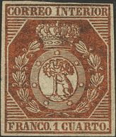 (*)22. 1853. 1 Cuarto Bronce Dorado. Color Intenso Y Amplios Márgenes. MAGNIFICO. Cert. COMEX Y GRAUS. - Other & Unclassified