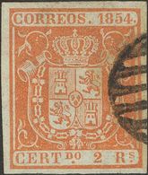 º25pa. 1854. 2 Reales Rojo. PAPEL GRUESO AZULADO. PIEZA DE LUJO. Cert. EXFIMA. - Autres & Non Classés