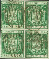 º26(4). 1854. 5 Reales Verde, Bloque De Cuatro. MAGNIFICO. Cert. EXFIMA. Edifil 2014: 910 Euros - Autres & Non Classés