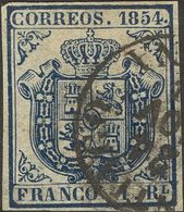 º34. 1854. 1 Real Azul Oscuro. Matasello SANTIAGO / CORUÑA. MAGNIFICA Y MUY RARA. Cert. COMEX. Edifil 2014: 1.250 Euros - Other & Unclassified