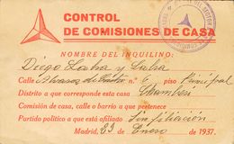 Sobre . 1937. Ficha Del CONTROL DE COMISIONES DE CASA Con Marca COMITE DEL SECTOR Nº3 DE COMISIONES DE CASAS, En Violeta - Other & Unclassified