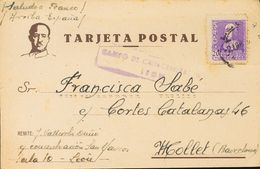 Sobre 855. 1939. 20 Cts Violeta. Tarjeta Postal De LEON A MOLLET (BARCELONA), Remitida Desde El Campo De Concentración D - Altri & Non Classificati