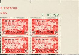 **161(4). 1936. 0'25 Cts + 2 Pts Sobre 25 Cts Rojo, Bloque De Cuatro. MAGNIFICO Y RARO. Edifil 2020: +344 Euros - Otros & Sin Clasificación