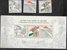 INDIA, 2018, MNH,75th ANNIVERSARY OF FIRST FLAG HOISTING AT PORT BLAIR, FLAGS, MILITARY, 3v+SHEETLET - Francobolli