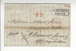 MARQUE ENTREE PRUSSE VALENCIENNES REMSCHEID 1853 POUR CLERMONT FERRAND /FREE SHIPPING REGISTERED - Entry Postmarks