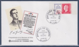 = Enveloppe Avec Illustration Général De Gaulle Journée Du Timbre 1994 Marianne De Dulac Lyon 12.3.94 N°2864 - De Gaulle (Generale)