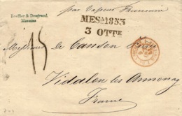 1853- Enveloppe De Messina  " Par Vapeur Français " Taxe 15 D. Tampon + DEUX SICILES 1MARSEILLE 1 Rouge - Sicile