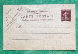 Q1900D -  France Entier Postal Stationery Carte Postale Semeuse 20c Marron Neuf - Overprinter Postcards (before 1995)