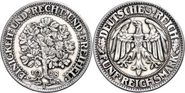 5 Reichsmark, 1928, F, Eichbaum, Randfehler, Ss., Katalog: J.331 Ss - Sonstige & Ohne Zuordnung