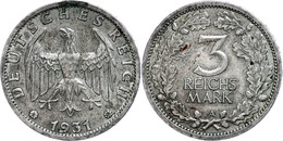 3 Reichsmark, 1931, A, Kl. Flecken, Ss-vz, Katalog: J.349 Ss-vz - Altri & Non Classificati