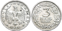 3 Reichsmark, 1931, J, Kl. Rf., Vz., Katalog: J.349 Vz - Sonstige & Ohne Zuordnung