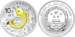 10 Yuan 2015, Auspicious Culture - Glückssymbole: Koi Karpfen Mit Lotus, 1 Unze Silber, Teilvergoldet, Etui Mit OVP Und  - Cina