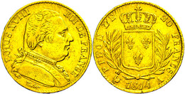 20 Francs, Gold, 1814, Louis XVIII., A (Paris), Fb. 525, Gadoury 1026, Kl. Rf., Ss.  Ss - Autres & Non Classés