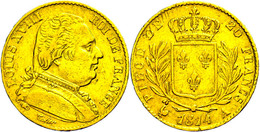 20 Francs, Gold, 1814, Louis XVIII., A (Paris), Fb. 525, Gadoury 1026, Kl. Rf., Ss.  Ss - Otros & Sin Clasificación