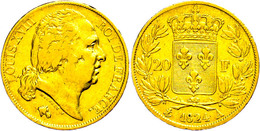 20 Francs, Gold, 1824, A, Ludwig XVIII., Fb. 538, Kl. Rf., Ss.  Ss - Altri & Non Classificati