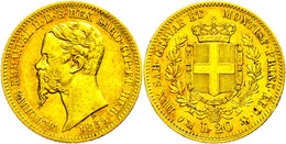 Sardinien, 20 Lire, Gold, 1859, Victor Emanuel II., Mzz. Anker, Fb. 1147, Kl. Rf., Ss.  Ss - Altri & Non Classificati