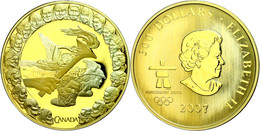 300 Dollars, Gold, 2007, XXI. Olympische Winterspiele 2010 In Vancouver- Fackel Vor Olympischen Idealen, 60g, Ca. 34,98g - Canada