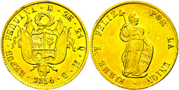 2 Escudos, Gold, 1854, Lima, MB, KM 150.3, Fb. 65, Ss-vz.  Ss-vz - Peru