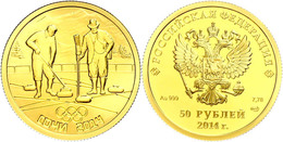 50 Rubel, 2014, Gold, Winterolympiade Sotschi - Curling, Mit Zertifikat In Ausgabeetui Und OVP, PP.  PP - Russia