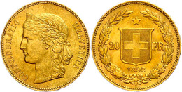 20 Franken, Gold, 1892, Fb. 495, Vz.  Vz - Other & Unclassified