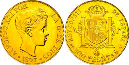 100 Pesetas, Gold, 1897 (19-61), Alfonso XIII., Nachprägung, Fb. 347R, Leicht Berieben, Vz.  Vz - Sonstige & Ohne Zuordnung