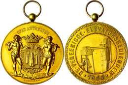 Belgien, Bronzemedaille Stad Antwerpen Vergoldet (53mm, 68,9g), 1906, Von Baetes. Rev. Umschrift De Vereenige Elevatorsb - Sonstige & Ohne Zuordnung