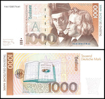 1000 Deutsche Mark, Bundesbanknote, 1.8.1991, Austauschnote Bundesdruckerei, Serie YA4108574A1, Ro. 302 B, Erhaltung I-I - Sonstige & Ohne Zuordnung