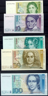 5x Bundesbanknote Mit 5, 10, 20, 50 Und 100 Mark, 2.1.1989 Und 1.8.1991, Serie BBk III 1989 Und 1991 (Persönlichkeitsser - Sonstige & Ohne Zuordnung
