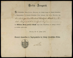 Besitzzeugnis Eisernes Kreuz Zweiter Klasse Ausgabe 1870/71, Datiert Berlin Den 19. Januar 1873, Faltspuren, Unten Leich - Documenten