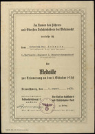 Verleihungsurkunde Für Die Medaille Zur Erinnerung An Den 1. Oktober 1938, Datiert Braunschweig Den 1. August 1939, Falt - Documenti