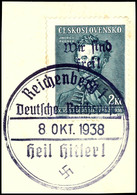 2 Kc. Fügner Mit Handstempel-Aufdruck "Wir Sind Frei! + Hakenkreuz", Gestempelt "Reichenberg 1 / 8. Okt. 1938" Auf Brief - Autres & Non Classés