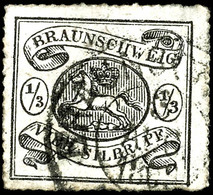 1/3 Silbergroschen Schwarz Auf Grauweiß, Bogenförmiger Durchstich 16, Klar Entwertet K2 Braunschweig 3 Aug.", Vorderseit - Autres & Non Classés