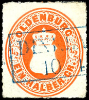 1/2 Gr. Mittelrötlichorange, Durchstich A, Farbfrisches Kabinettstück Mit Allseits Vollständigem Durchstich, Blauer R2 A - Oldenburg