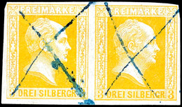 3 Sgr. Gelb, Leuchtend Farbfrisches, Allseits Voll/breitrandiges Waager. Paar, Je Marke Federkreuzentwertung In Blauer T - Other & Unclassified