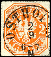 2 Kr. Wappen Orange, Zentrisch Gestempelt K1 "OSTHOFEN 2 9", Allseits Vollständiger Durchstich, Farbfrisch, Tadelloses K - Autres & Non Classés