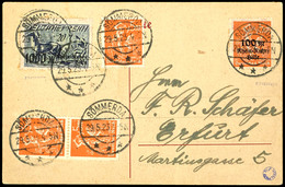 5 Und 20 Mk. Rhein-Ruhrhilfe Mit 3mal 5 Mk. Arbeiter, Portorichtig Auf Postkarte (gefaltet) Von SÖMMERDA 29.5.23 Nach Er - Other & Unclassified