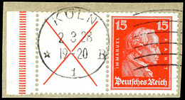 Kant 1927, X + 15 Pfg, Waagerechter Zusammendruck Mit Linkem Rand Auf Briefstück, Gestempelt "KÖLN 2 3 28", Oben Typisch - Andere & Zonder Classificatie