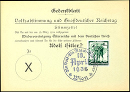 1938, "Gedenkblatt Volksabstimmung Und Großdeutscher Reichstag - Stimmzettel", Frankiert Mit MiNr. 662, SST Wien 10. Apr - Sonstige & Ohne Zuordnung