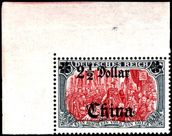 5 Mark Deutsches Reich Mit Wasserzeichen, Aufdruck "China 2 1/2 Dollar", Tadellos Postfrisches Eckrandstück Oben Links,  - Deutsche Post In China