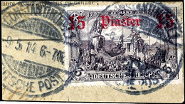 15 Piaster Auf 3 Mark Mit Wasserzeichen, Tadelloser Und Seltener Paketkartenabschnitt, Stempel "CONSTANTINOPEL 1", Geprü - Deutsche Post In Der Türkei