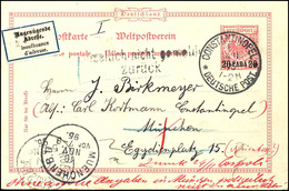 Ganzsache 10 Pfennig Krone/Adler Mit Aufdruck 20 Para, Handstempel "polizeilich Nicht Gemeldet, Zurück" Und Aufkleber "u - Turkey (offices)