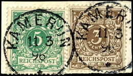 3 Und 5 Pfennig Krone/Adler Auf Briefstück Mit 2 Stempeln "KAMERUN", Gute Erhaltung, Geprüft Eibenstein BPP, Michel 115, - Camerún