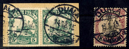 5 Pfennig Kaiseryacht Mit Aufdruck C.E.F. 1/2 D. Im Paar Auf Briefstück Mit Stempel "DUALA B" Und Lose Marke 50 Pfennig  - Kameroen